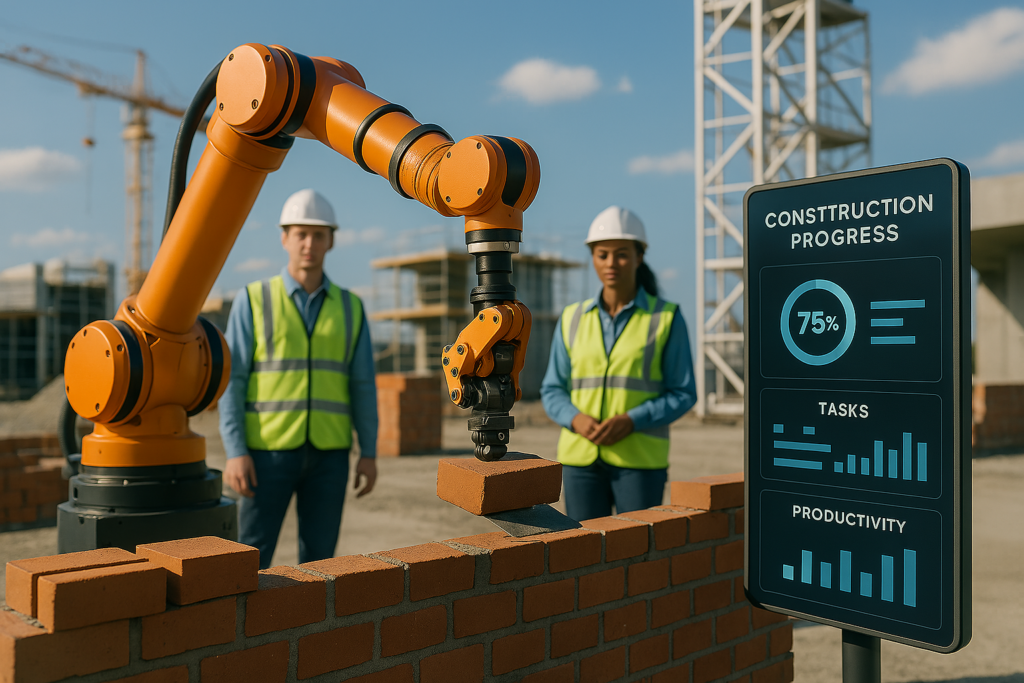 A robotic bricklayer laying bricks on a smart construction site. Humans oversee the process while a digital dashboard tracks progress. Sunny weather, futuristic equipment, 4K resolution.
