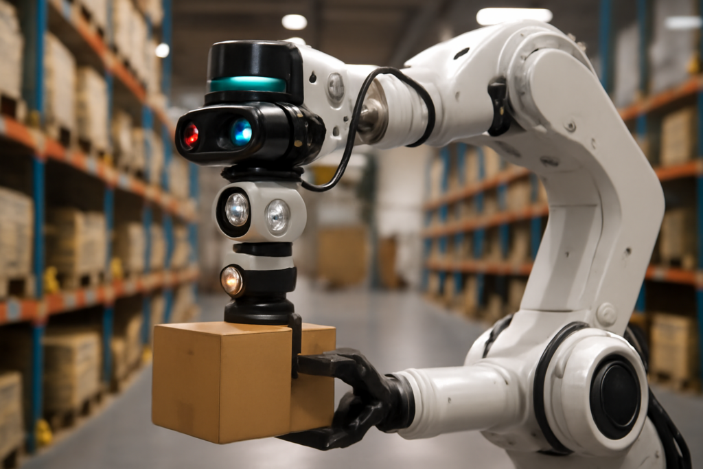 High-tech robotic arm equipped with various sensors including cameras, LiDAR, and infrared, picking up a small cardboard box from a well-organized warehouse with shelves and stacked boxes.
