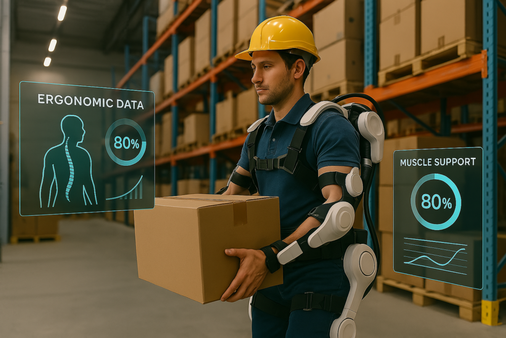 A logistics worker wearing a lightweight robotic exosuit while lifting a heavy box in a warehouse. Futuristic HUD overlays show ergonomic data and muscle support levels. 4K resolution, clean industrial setting.
