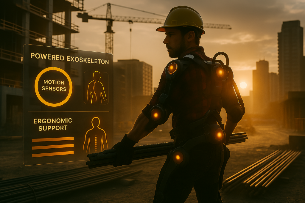 Construction worker in a powered back-assist exoskeleton lifting steel bars, with motion sensors active and ergonomic support indicators glowing. Urban job site in background, sunrise lighting, high contrast, 4K detail.
