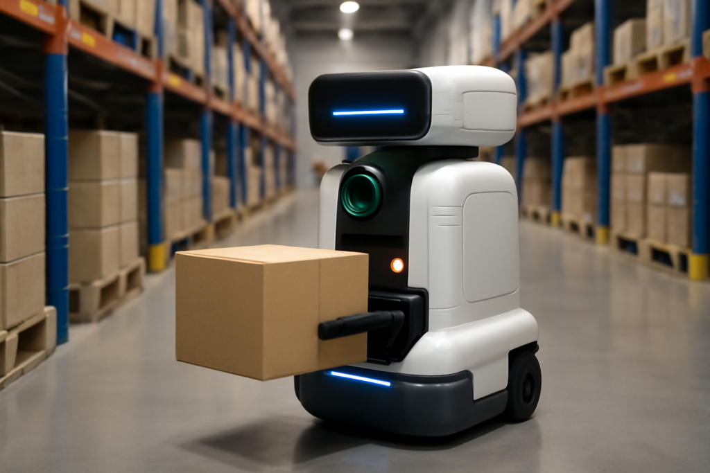Autonomous mobile robot in a warehouse aisle using integrated vision and proximity sensors to identify and pick a cardboard box from a shelf
