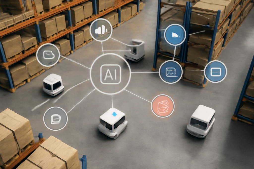 Bird’s-eye view of a modern warehouse with autonomous robots guided by AI and sensor fusion technology, digital overlays showing sensor types like cameras, LiDAR, and infrared.