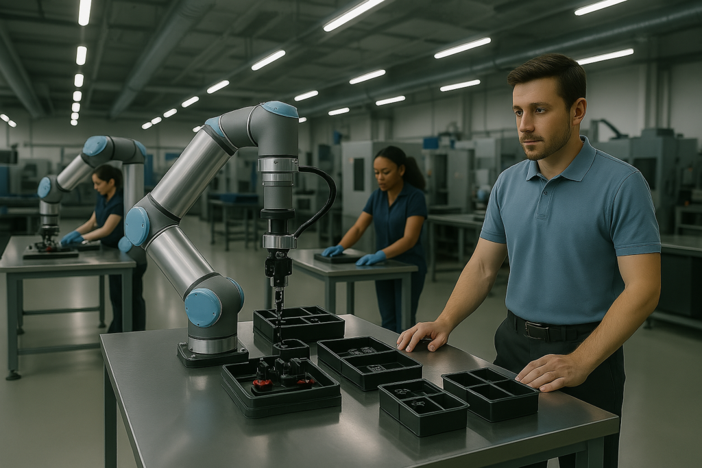 A modern manufacturing floor with cobots and humans working side-by-side. Cobots assembling small parts while humans supervise, clean industrial lighting, futuristic yet real environment, 4K resolution.
