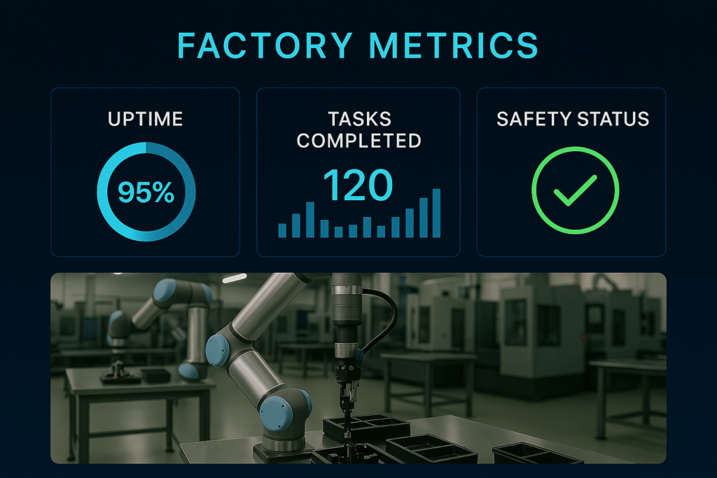 A visual dashboard of factory metrics with cobots operating in real time. KPIs like uptime, task completion, and safety status are displayed. Clean interface, robotics-focused, industrial backdrop, 4K.
