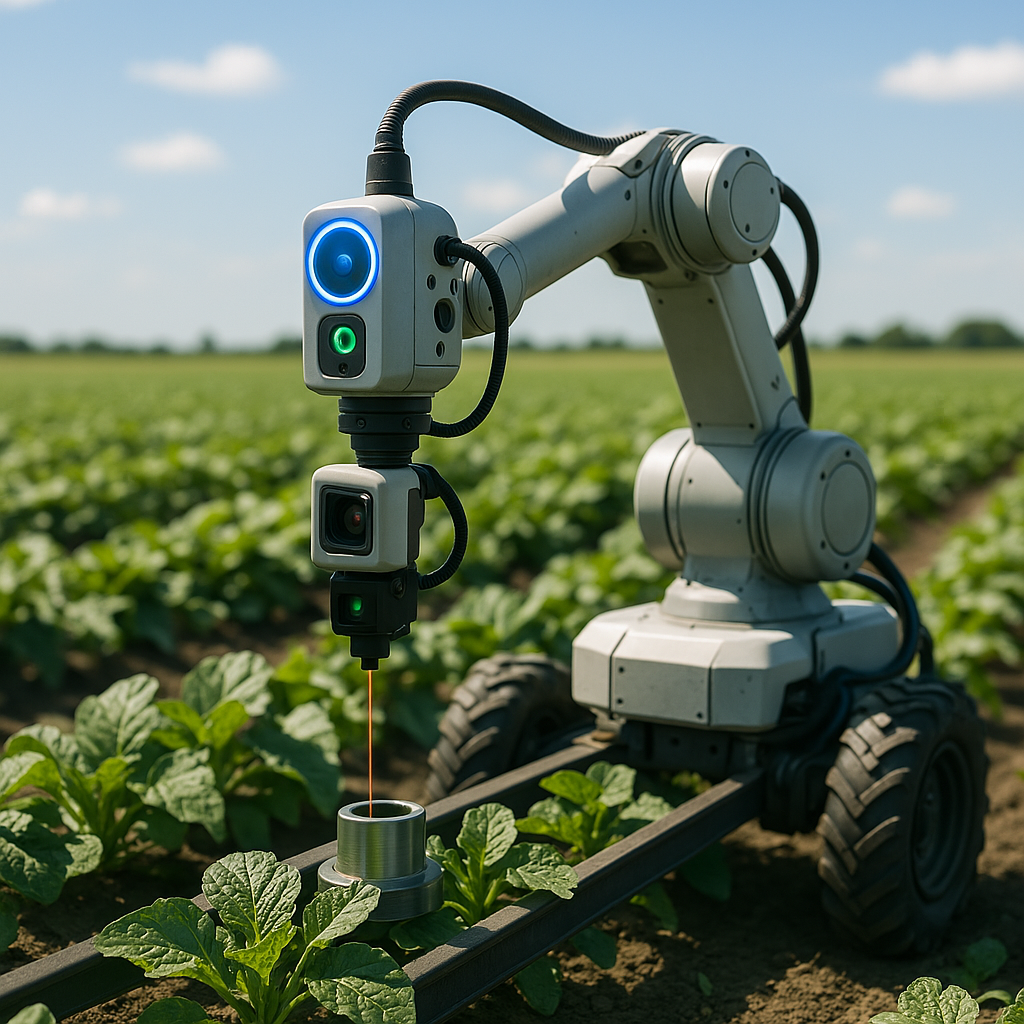 Agriculture robot using Edge AI to monitor crop health in real time. Open farm field, crops under inspection, mounted camera and sensors visible, natural daylight.
